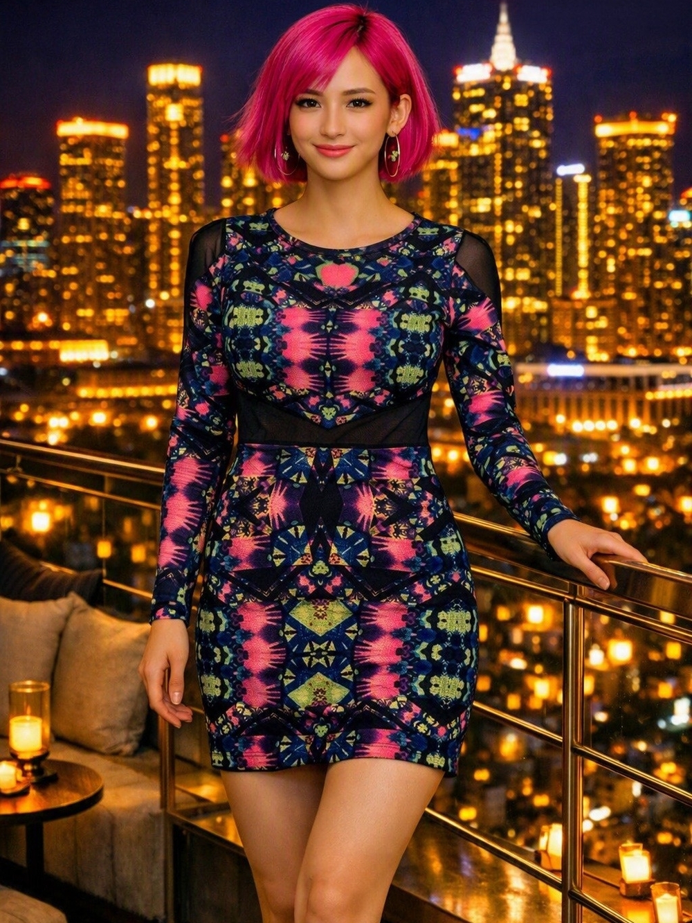Charlotte Russe Pink Multi Long-Sleeve Mini Bodycon Dress